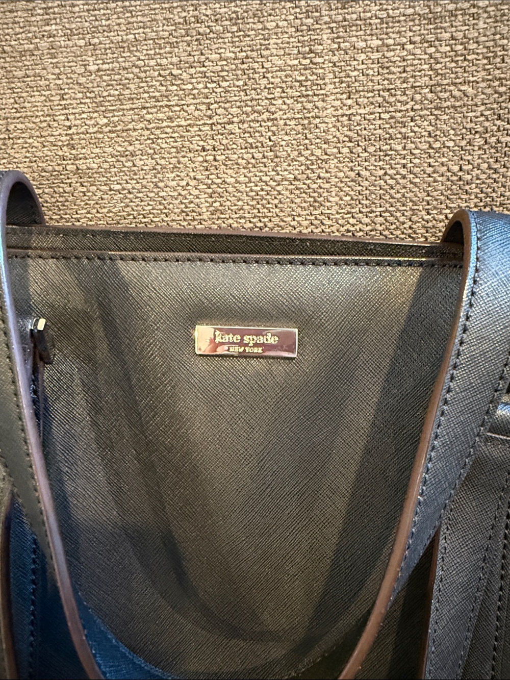 kate spade Black Saffiano Leather Handbag with Plaque Accent